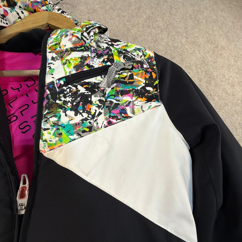 Spyder Kids Ski Jacket Black White Pink Splatter Print Hooded Winter Coat Size 8 - Picture 5 of 8